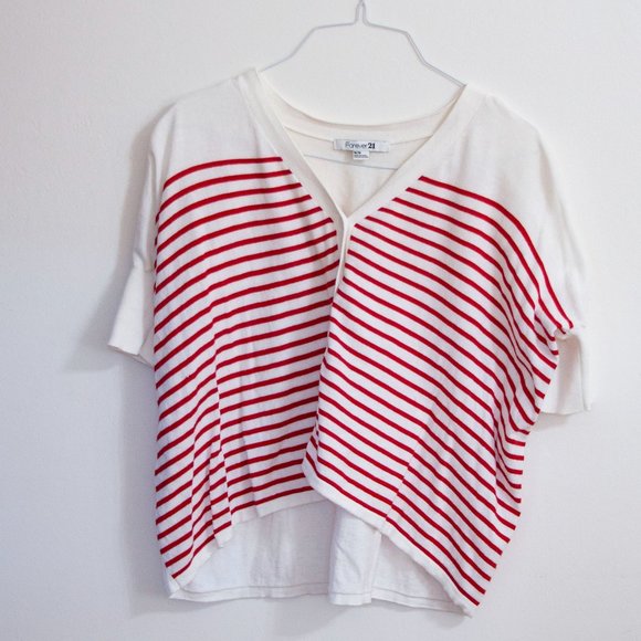 Forever 21 short sleeve white with red stripes cotton shirt. Size M - Picture 1 of 3